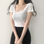 여성 크롭 숏 짧은 탑 스퀘어넥 여름 반팔 티셔츠 : 리리의감각