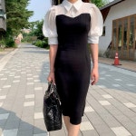 새틴 시스루 셔츠 카라 미디원피스 : 몽아미