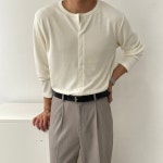 6종 남자 여름 가을 얇은 루즈핏 머슬핏 슬라브 헨리넥 헬창 부들 긴팔티 무지 흰티 니트 : 미니멀네즈