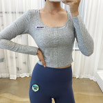 스토리원 여성 단추 U넥 숏 긴팔 티셔츠 요가복 필라테스복 FT-LT18 : 이뿐