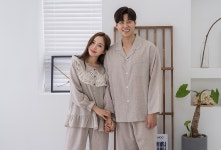(긴팔)오트밀 아이보리 무지 면 레이온 커플 신혼 홈웨어 원피스 공주 잠옷 파자마 세트 : 파자마 SM서문시장