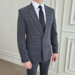 겨울 울 체크 남자 셋업 세미 수트, 차콜 그레이 정장 양복 세트 : 메이크미리츠