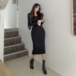 데일리 브이넥 꽈배기 슬림 니트 롱 원피스 : 러브썸원