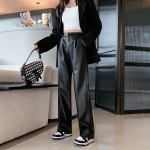 REALEFT 블랙 가짜 가죽 와이드 레그 바지 여성용 새로운 2021 가을 겨울 탄성 허리 여성 느슨한 STREETWEAR : TAELIM