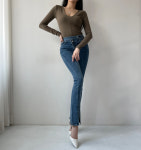 하이웨스트 언발투버튼 앞절개 포인트 면 코튼 데님 팬츠 : 글램핏 GLAMFIT