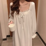 베이비모카 모찌 레이스 프릴 실크 면 화이트 여성 공주 홈웨어 파자마 실내복 원피스 잠옷 : 베이비모카