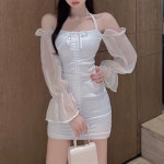 공주풍 시스루 셔링 원피스 홀터넥 큐티 섹시 슬림 타이트 원피스 룸복 홀복 클럽 파티 여캠 방송댄스 bj의상 : 언니네 사진관