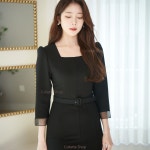 꼴레뜨샵 스퀘어넥 오간자 벨트 여자예복 슬림핏 미디 4월하객룩 결혼식 하객원피스 (블랙) : ColletteShop