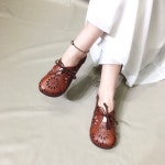 소가죽 밴딩 플라워 아일렛 슈즈 브라운 카멜 225에서250 귀여운 밴딩슈즈 굽2.5cm : 초록별마트