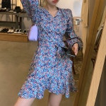 5월원피스 잔꽃 무늬 보세 하늘하늘 셔링 랩 밑단 프릴 미니 원피스 : 나미오