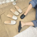 1cm 귀욤 와이드 사각코 린넨 가죽 플랫뮬 블로퍼 슬리퍼 [h8225 Rj] : Matilda