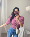 펀칭 퍼프 반팔 크롭 니트 가디건 : 딜라잇J