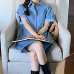 데님 원피스 반팔 루즈핏 청 봄 여름 카라 : 시즈에트
