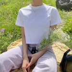 1+1 어썸 면 베이직 라운드 무지 여자흰티 크롭 레이어드 반팔 티셔츠 : 모어룸 주식회사