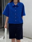 여름 루즈핏 린넨 마 비비드 블루 코발트블루 카라 포켓 반팔 셔츠 남방 : 베카87