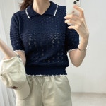 배색 스티치 카라 스카시 반팔 이너프 니트 3컬러 : STAY옷장