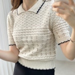 배색 스티치 카라 스카시 반팔 이너프 니트 3컬러 : STAY옷장