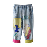 [미스삐삐] 프린팅 칼라 패치 여성 배기 팬츠 빈티지 여자 데님 청바지 디스코 찢청 바지 : 미스삐삐