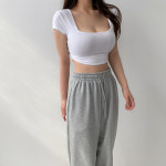 슬림 스퀘어넥 초미니 반팔 숏 크롭티 크롭탑 바디프로필 바프용 (6 Color) : 퍼플파우더