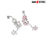 롱드롭 나비크리스탈 왕큐빅 써지컬스틸 배꼽피어싱 (클리어 핑크) : 써스틸