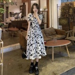 스퀘어 넥 꽃 프린트 여성 짧은 퍼프 여름 원피스 : 프로미스프로젝트