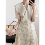 반팔 레이어 레이스 자수 여 플레어 롱원피스 여름 로맨틱 : 썸메모리