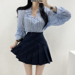 (무배)프렌드2PC 린넨 오버핏 스트라이프 시스루셔츠+랩 플리츠 주름스커트 투피스셋업여성 : 식스센스