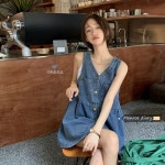 데님 민소매 나시 청 미니 브이넥 원피스 여름 숏 치마 : 오렌지 클라우드