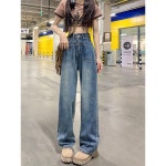 데일리 여성 아빠 바지 여름 웨이스 스레이 데님 와이드 청바지 : 예화당