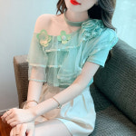 여성반팔 여성여름블라우스 오프숄더블라우스 여름 반팔 쉬폰 오프숄더 : 어버버샵