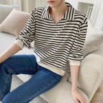 단가라 맨투맨 여성 카라넥 퍼프 면 스트라이프 : 미스베이지