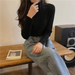 2021 여성 뉴 하프 하이 칼라 블라우스 긴팔 봄 가을 얇은 캐주얼 레트로 슬림 탑 블랙 블루 풀오버 스웨터 니트웨어 : 직구아티스틱