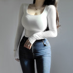 비침없는 바스트 안감 데일리 무지 유넥 크롭 스판 타이트 슬림핏 긴팔 티셔츠 : 라이크위켄드