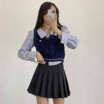 [세트가격/하이틴룩] 요즘 유행 스쿨룩, 트렌디한 무드를 담은 루즈핏 셔츠+부드러운 니트조끼 세트]스쿨세트 : 아이딜릭마켓