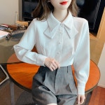 와플 엠보싱 리본 블라우스 오피스 셔츠 화이트 : COCOJ2