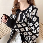 가을 겨울 아가일 체크 루즈핏 카디건 캐주얼 라운드넥 니트 아우터 : 스칸디