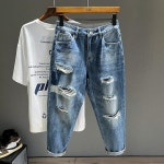 남자청바지 직수입 청바지New Men Jeans Classic Blue Ripped Hole Hip Hop reetwear Vintage Dilapidated Male Clothi : 리플렛