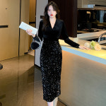 스팽글 원피스 연말 파티룩 무대 클럽 의상 홀복 골드 벨벳 드레스 가을과 겨울 여성 하 : 미리별쇼핑