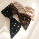 제이로렌 여성 데일리 벨벳 리본 진주 빅 포인트 머리 자동헤어핀 : 제이로렌