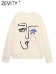 후드티 zevity 여성 패션 추상 초상화 자수 캐주얼 양털 스웨터 여성 긴 소매 집업 : 다댄다