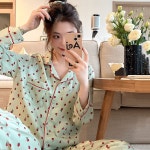 수입 여성 잠옷 일본 감미롭고 귀여운 체리 파자마녀 여름 실크 새틴 소매 아이스 홈웨어 파자마 파티 러블리 : Moonk