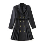 여성 더블 버튼 민소매 베스트 원피스 정장 자켓 투피스 셋업 세트 플레어 모직 A라인 스커트 치마 : 까누