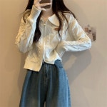 집업 라운드넥 스웨터 데이트 캐주얼 아우터 베이직 오버핏 카라 크롭 케이블 니트 가디건 : 미미직구글로벌