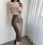 페미닌 H라인 글램 슬림 핏 뒷트임 레더 미디 스커트 2컬러 : 글램핏 GLAMFIT