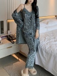 호피 레이스 벨벳 나시 바지 로브가운 쓰리피스 수면잠옷 세트 홈웨어 : 코지탐