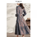 Vimly-우아한 여성 드레스, 허리 길이 긴 소매 꽃 미디 드레스 F8750 가을 겨울 숙녀 의류 : 구대세미팩토리