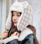여성 방한 겨울모자 귀여운 고양이얼굴 체크 귀달이 털모자 군밤장수 귀마개모자 : 비앤채