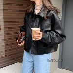 여성 숏 오버핏 루즈핏 레더 크롭 세미 봄 가을 가죽 자켓 점퍼 : HATO-ON