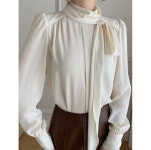 왕리본 블라우스 화이트 타이 쉬폰 실크 아나운서 슬리브 : sunnny1004