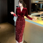 스팽글 반짝이 스커트 치마 봄 고급스러운 슬림핏 힙스터드레스 벨벳 이너 레드 원피스 : 최강직구